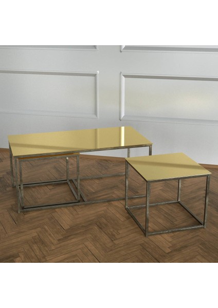Twins Iç Içe Geçmiş Sehpa - Eskitme Pirinç Ayak Sarı Ayna Tabla
