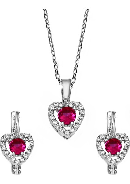 Kalp Motifli Ruby Zirkon Taşlı Gümüş Set - S016802