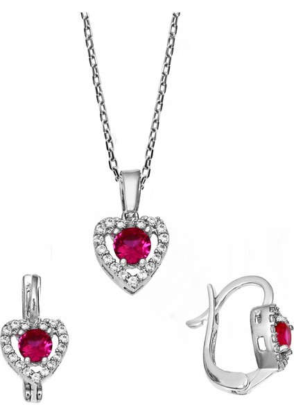 Kalp Motifli Ruby Zirkon Taşlı Gümüş Set - S016802