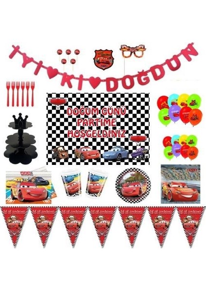 Cars Şimşek Mcqueen Lüks Doğum Günü Parti Malzemeleri Seti Süs Afişli 8 Kişilik