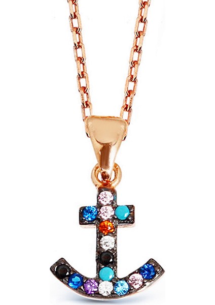 Renkli Zirkon Taşlı Gümüş Çıpa Kolye