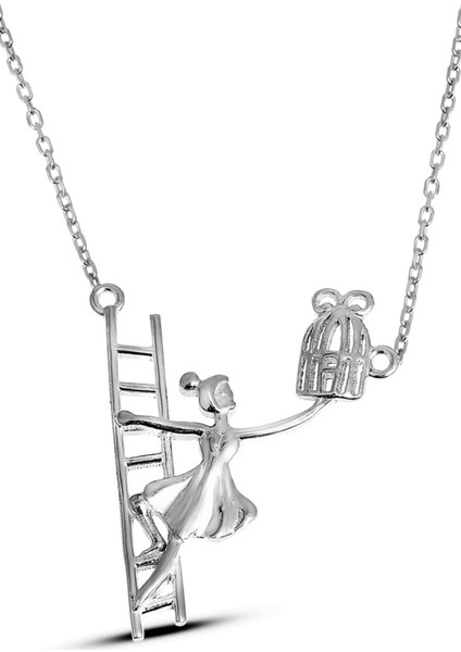 Kuş Kafesine Merdivenle Tırmanan Kız Motifli Gümüş Kolye