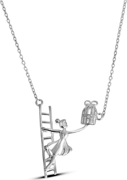 Kuş Kafesine Merdivenle Tırmanan Kız Motifli Gümüş Kolye modelleri