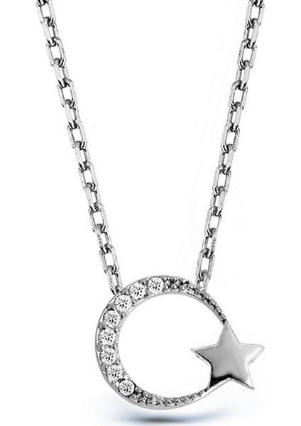 Zirkon Taşlı Gümüş Ay-Yıldız Kolye