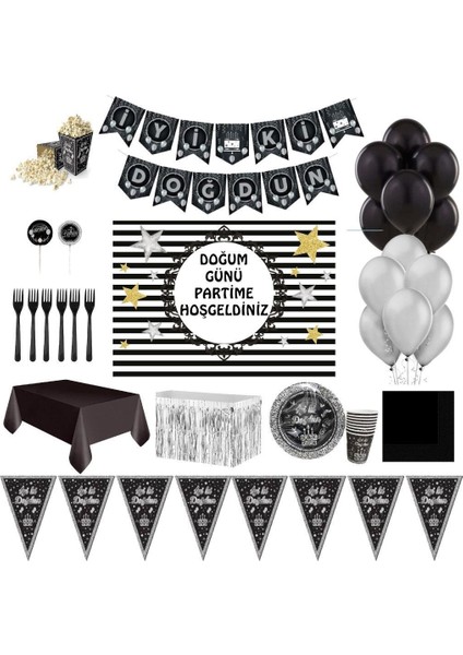 Siyah Gümüş 12 Parça Doğum Günü Parti Malzemeleri Afişli Set 24 Kişilik