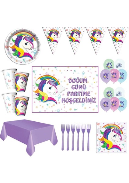 Unicorn Beyaz Doğum Günü Parti Malzemeleri Afişli Set 16 Kişilik