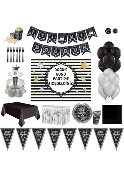 Siyah Gümüş Lüks Doğum Günü Parti Malzemeleri Afişli Set 24 Kişilik