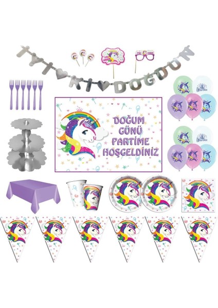 Unicorn Beyaz Lüks Doğum Günü Parti Malzemeleri Afişli Set 8 Kişilik