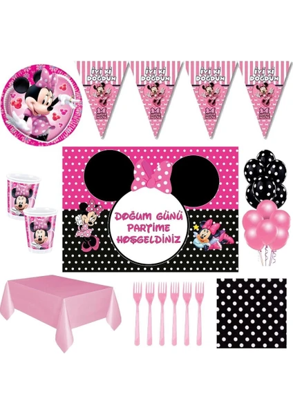 Minnie Mouse Afişli Puantiyeli Pembe Doğum Günü Parti Süsleri 16 Kişilik