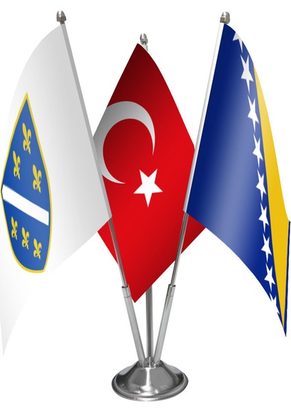 92 98 Bosnia ve Yeni Bosna Herksek Bayrakları Türkiye Bayrağı Üçlü Saten Masa Bayrak Set