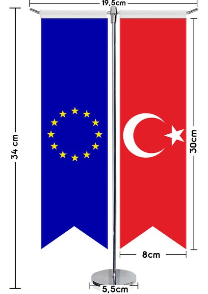 Avrupa Birliği Bayrağı ve Türkiye Kırlangıç Saten T Direk Masa Bayrağı 2'li