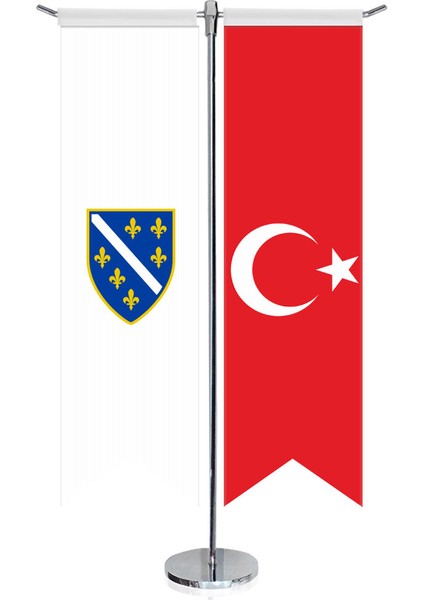 Bosna Hersek 1992 1998 Bayrağı ve Türkiye Kırlangıç Saten T Direk Masa Bayrağı 2'li