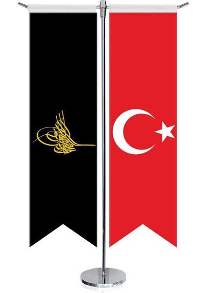 Siyah Tuğra Bayrağı ve Türkiye Kırlangıç Saten T Direk Masa Bayrağı 2'li