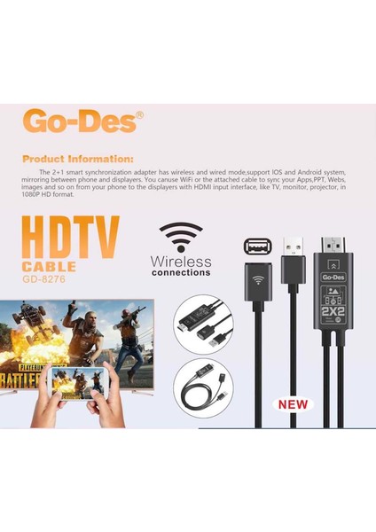 GD-8276 Wireless Display Dongle Phone Full HDTV Kablo