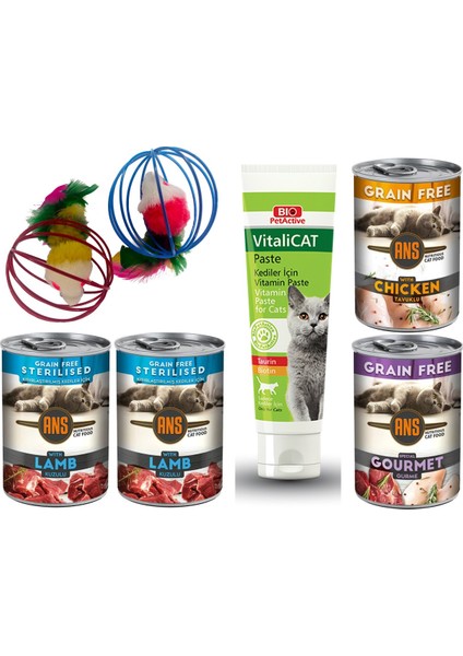 Vitalicat + Çember Oyuncak + Steril Kuzu + Tavuk + Karışık Etli Gurme Ans Kedi Konservesi 2+2+1+1