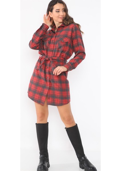 Z6669 Dewberry Bayan Gömlek-Kırmızı - Lacivert