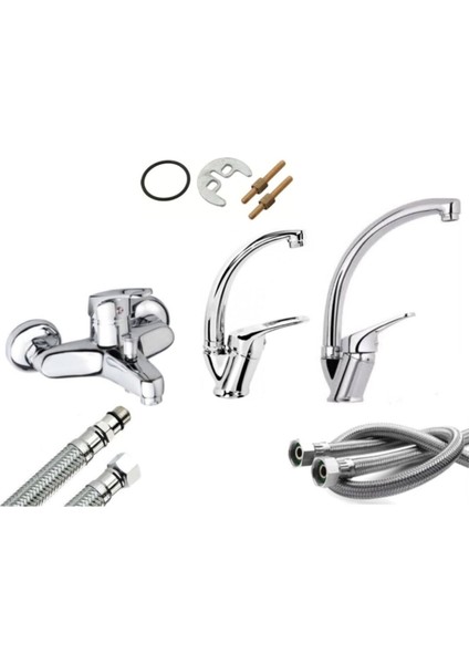 Banyo Bataryası Mix Kuğu Lavabo ve Mix Kuğu Mutfak Musluğu Bataryası 3 Lü Set