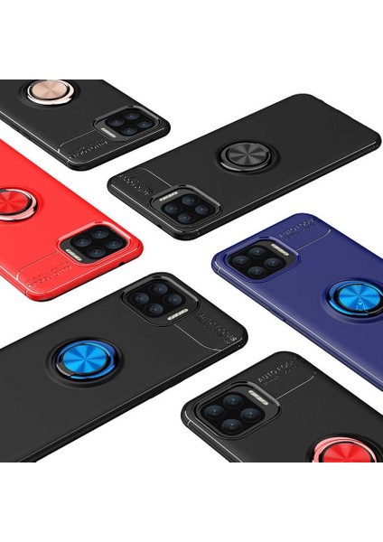 Oppo A73 Kılıf Ultra Korumalı Yüzüklü Manyetik Ravel Silikon + Cam Ekran Koruyucu Siyah - Mavi modelleri