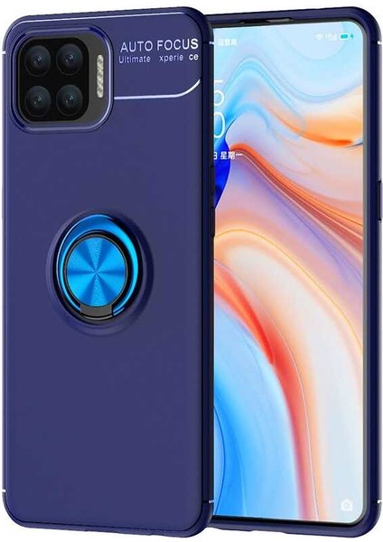 Oppo A73 Kılıf Ultra Korumalı Yüzüklü Manyetik Ravel Silikon + Cam Ekran Koruyucu Lacivert