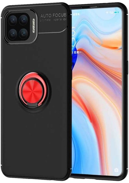 Oppo A73 Kılıf Ultra Korumalı Yüzüklü Manyetik Ravel Silikon + Cam Ekran Koruyucu Siyah - Kırmızı
