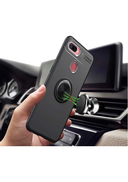 Oppo A7X / A12 / A5S Kılıf Ultra Korumalı Yüzüklü Manyetik Ravel Silikon + Cam Ekran Koruyucu Siyah - Kırmızı