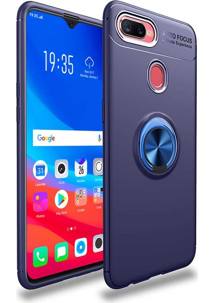 Oppo A7X / A12 / A5S Kılıf Ultra Korumalı Yüzüklü Manyetik Ravel Silikon + Cam Ekran Koruyucu Lacivert