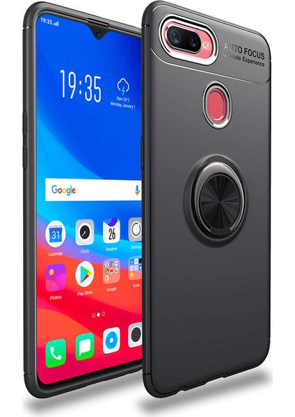 Oppo A7X / A12 / A5S Kılıf Ultra Korumalı Yüzüklü Manyetik Ravel Silikon Siyah