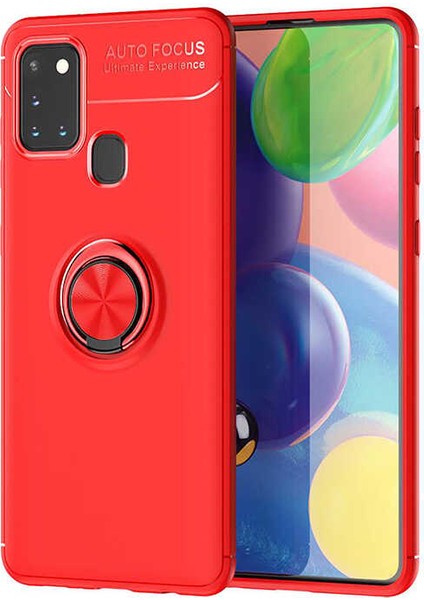 Samsung Galaxy A21S Kılıf Ultra Korumalı Yüzüklü Manyetik Ravel Silikon + Tam Kaplayan 5d Cam Ekran Koruyucu Kırmızı