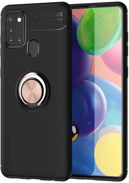 Samsung Galaxy A21S Kılıf Ultra Korumalı Yüzüklü Manyetik Ravel Silikon + Tam Kaplayan 5d Cam Ekran Koruyucu Rose
