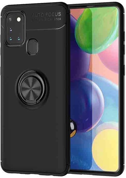 Samsung Galaxy A21S Kılıf Ultra Korumalı Yüzüklü Manyetik Ravel Silikon + Tam Kaplayan 5d Cam Ekran Koruyucu Siyah