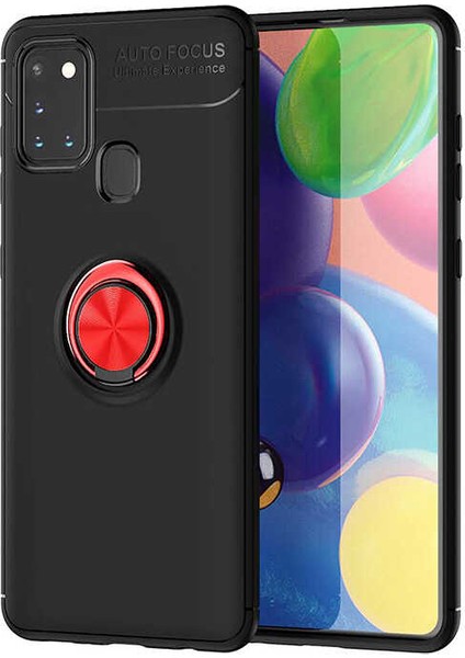 Samsung Galaxy A21S Kılıf Ultra Korumalı Yüzüklü Manyetik Ravel Silikon + Tam Kaplayan 5d Cam Ekran Koruyucu Siyah - Kırmızı