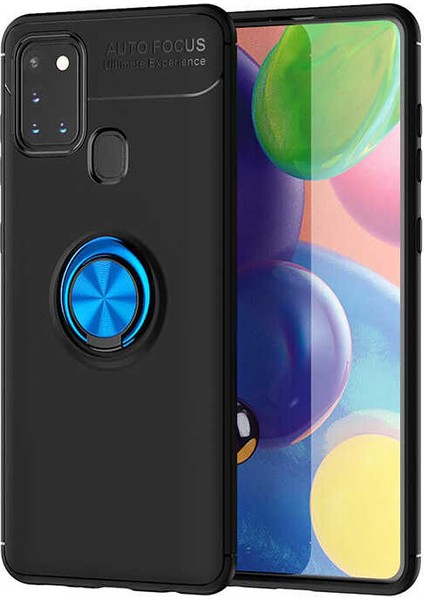 Samsung Galaxy A21S Kılıf Ultra Korumalı Yüzüklü Manyetik Ravel Silikon + Tam Kaplayan 5d Cam Ekran Koruyucu Siyah - Mavi
