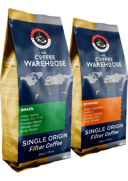 The Coffee Warehouse Avantaj Paket 1 kg Brezilya 500G + Etiyopya 500G Filtre Kahve Taze Öğütülmüş