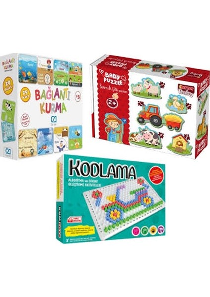 Ca Bağlantı Kurma + Baby Puzzle Çiftlik Hayvanları + Kodlama (3'lü Set)