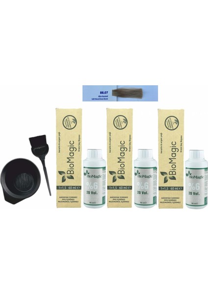 Amonyaksız Organik Keratin+Argan Yağlı Saç Boyası 88.07 Altın Karamel 60 ml x 3 +90 ml Oksidan+Boyama Seti