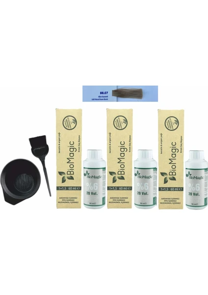 Biomagic Amonyaksız Organik Keratin+Argan Yağlı Saç Boyası 88.07 Altın Karamel 60 ml x 3 +90 ml Oksidan+Boyama Seti