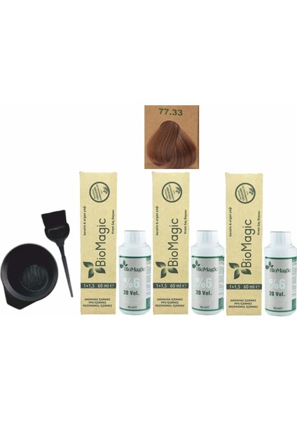 Amonyaksız Organik Keratin+Argan Yağlı Saç Boyası 77.33 Kumral Dore 60 ml x 3 +90 ml Oksidan+Boyama Seti