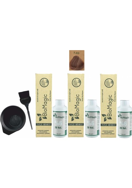 Biomagic Amonyaksız Organik Keratin+Argan Yağlı Saç Boyası 7.03 Karamel 60 ml x 3 +90 ml Oksidan+Boyama Seti