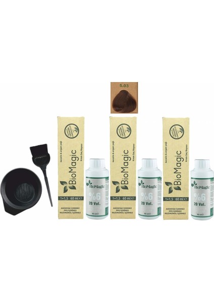 Amonyaksız Organik Keratin+Argan Yağlı Saç Boyası 5.03 Fındık Kabuğu 60 ml x 3 +90 ml Oksidan+Boyama Seti