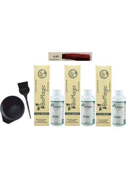 Biomagic Amonyaksız Organik Keratin+Argan Yağlı Saç Boyası 6.55 Ahududu Kızılı 60 ml x 3 +90 ml Oksidan+Boyama Seti