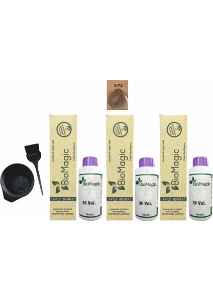 Biomagic Amonyaksız Organik Keratin+Argan Yağlı Saç Boyası 9.72 Küllü Sarı 60 ml x 3 +90 ml Oksidan+Boyama Seti