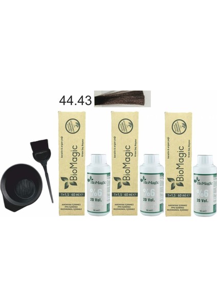 Amonyaksız Organik Keratin+Argan Yağlı Saç Boyası 44.43 Kestane 60 ml x 3 +90 ml Oksidan+Boyama Seti