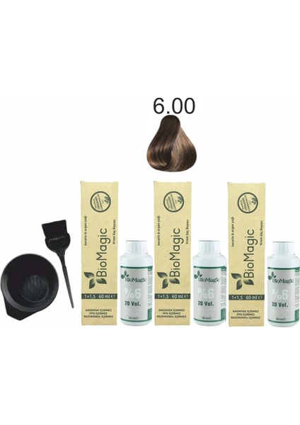 Biomagic Amonyaksız Organik Keratin+Argan Yağlı Saç Boyası 6.00 Koyu Kumral 60 ml x 3 +90 ml Oksidan+Boyama Seti