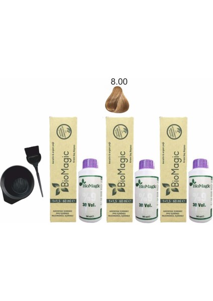 Amonyaksız Organik Keratin+Argan Yağlı Saç Boyası 8.00 Açık Kumral 60 ml x 3 +90 ml Oksidan+Boyama Seti