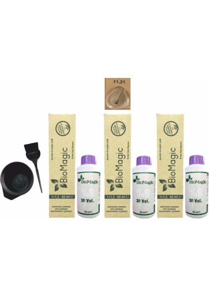 Amonyaksız Organik Keratin+Argan Yağlı Saç Boyası 11.21 Kristal Sarısı 60 ml x 3 +90 ml Oksidan+Boyama Seti
