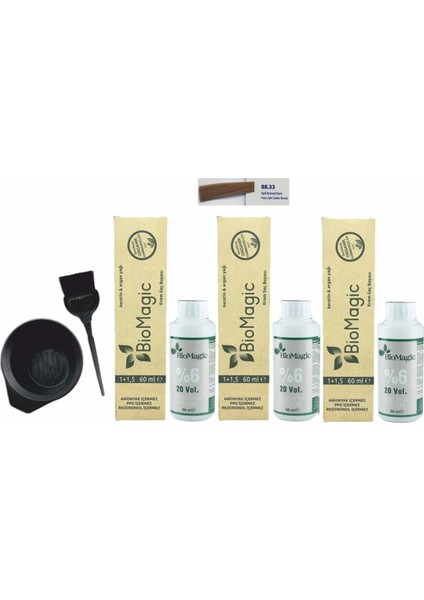 Biomagic Amonyaksız Organik Keratin+Argan Yağlı Saç Boyası 88.33 Açık Kumral Dore 60 ml x 3 +90 ml Oksidan+Boyama Seti