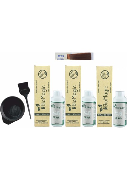 Amonyaksız Organik Keratin+Argan Yağlı Saç Boyası 77.76 Kumral Bakır 60 ml x 3 +90 ml Oksidan+Boyama Seti