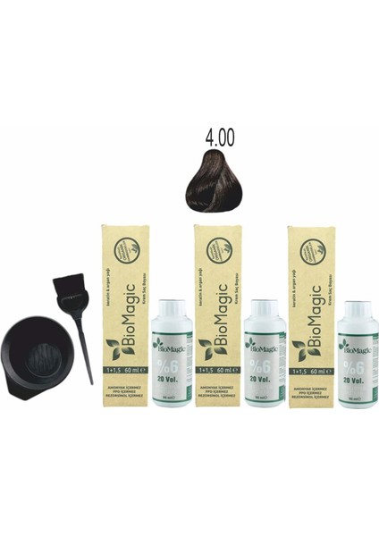 Amonyaksız Organik Keratin+Argan Yağlı Saç Boyası 4.00 Kahve 60 ml x 3 +90 ml Oksidan+Boyama Seti