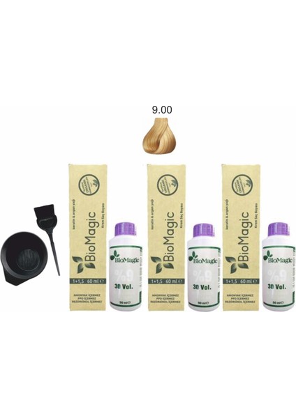Amonyaksız Organik Keratin+Argan Yağlı Saç Boyası 9.00 Sarı 60 ml x 3 +90 ml Oksidan+Boyama Seti