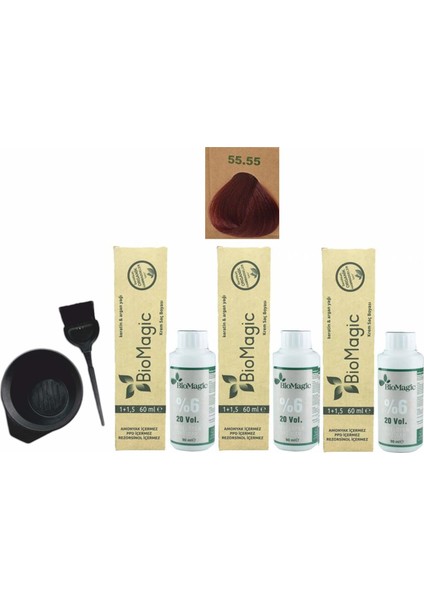 Amonyaksız Organik Keratin+Argan Yağlı Saç Boyası 55.55 Şarap Kızılı 60 ml x 3 +90 ml Oksidan+Boyama Seti